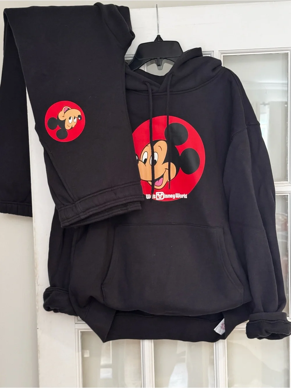 Disney World Mickey Black Hoodie and Joggers Set with Red Mickey Graphic